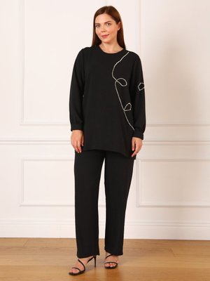 Siyah Büyük Beden İncili Tunik & Pantolon İkili Takım