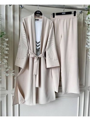 Kemerli Kol Taşlı Kimono Pantolon Takım