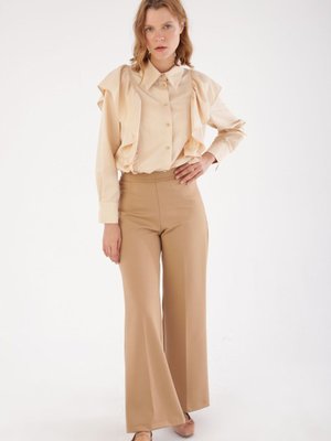 Koyu Bej Ütü İzli Bol Paça Yandan Fermuarlı Pantolon