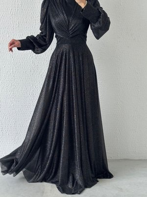 Drape Detaylı Simli Abiye Elbise Siyah Drape Detaylı Simli Abiye Elbise Siyah