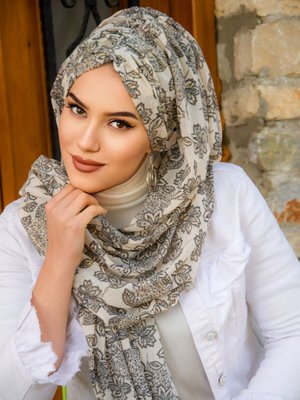 Siyah Ekru Etnik Hazır Şifon Şal