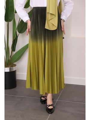 Yağ Yeşili Pileli Renk Detaylı Uzun Kloş Etek