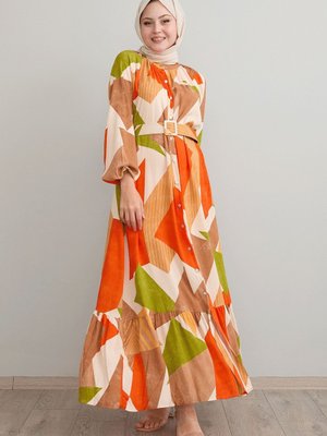 Geometrik Desen Kemerli Oranj Viskon Elbise