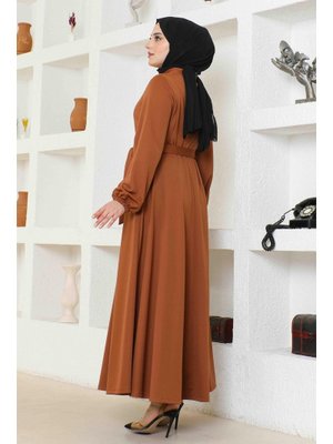 Kahve Önden Fermuarlı Taş Detaylı Ferace