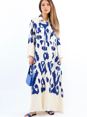 Prive Larin Viskon Krem Lacivert Önden Düğmeli Uzun Elbise