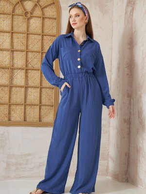 İndigo Cepli Beli Lastikli Uzun Kol Bol Kesim Kupra Tulum