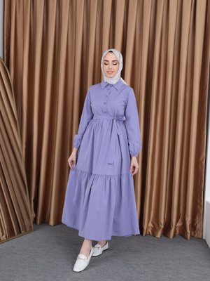 Önü Düğmeli Yaka Gömlek Elbise Terikoton Kumaş Önü Düğmeli Yaka Gömlek Elbise Terikoton Kumaş