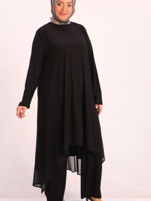 Siyah Büyük Beden Sandy Şifon Pantolonlu Takım Siyah Büyük Beden Sandy Şifon Pantolonlu Takım