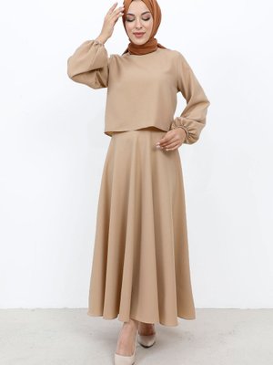 Kolu Lastikli Etekli Takım Bej