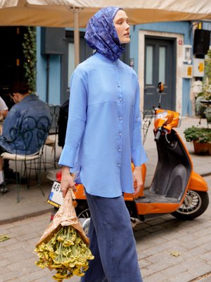 Mavi Metal Düğmeli Gömlek Tunik