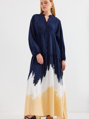 Otantik Desenli Elbise K. Lacivert