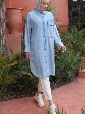 Düğmeli Kot Tunik Mavi