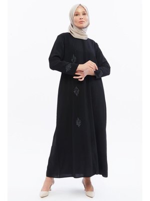 Taşlı Büyük Beden Yazlık Ferace Siyah