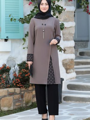 Lazer Kesim Detaylı Asya Tunik Pantolon İkili Abiye Takım Vizon