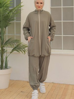 Üst Fermuarlı Beli Lastikli Çizgili İkili Takım Haki