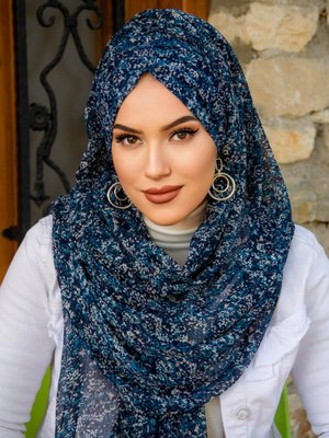 Desenli Hazır Şifon Şal Beyaz Lacivert