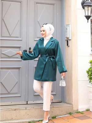 Organze Saten Modeli ( Owersize Geniş Modeldir Ceket Boyu :75cm) Turkuaz