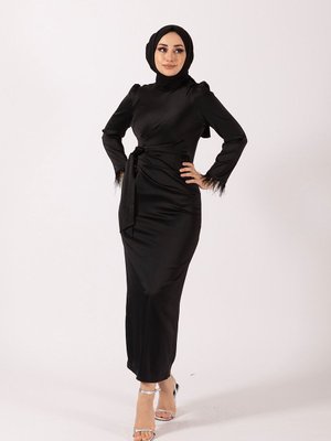 Kol Saçaklı Saten Abiye Elbise Siyah