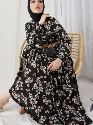Lesa Çiçekli Hasır Kemerli Elbise  Siyah