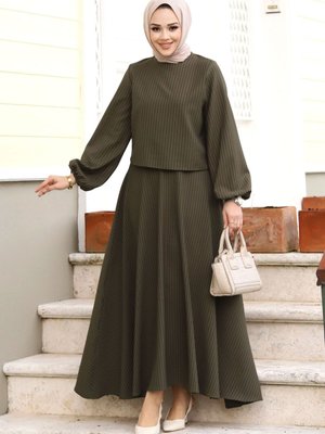 Kolu Lastikli Çizgili Etekli Takım Haki