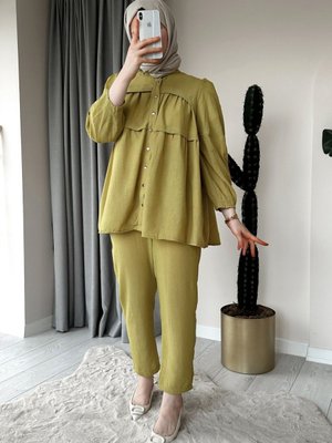 Düğmeli Kat Kat Yağ Yeşili Aerobin Takım