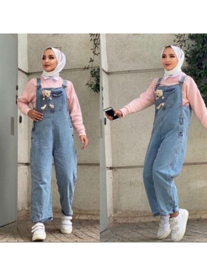 Ayıcık Detaylı Kot Mavi Tulum