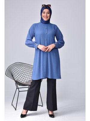 İndigo Kadin Buyuk Beden Tesettur Tunik Düğmeli Ayrobin Kumaş