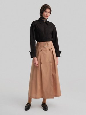 Çift Düğmeli Pamuk Etek Camel