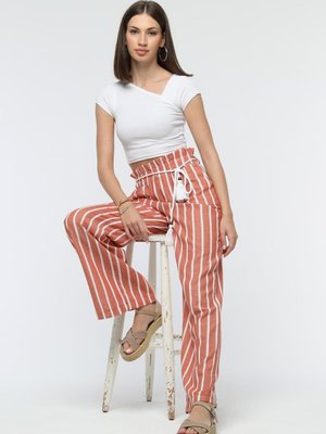 Somon Bağcıklı Bol Paça Çizgili Keten Pantolon Somon Bağcıklı Bol Paça Çizgili Keten Pantolon