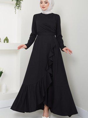 Eteği Fırfırlı Drapeli Elbise Siyah Eteği Fırfırlı Drapeli Elbise Siyah