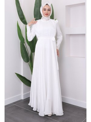 Beyaz Kuşaklı Ön Pileli Tül Abiye Elbise