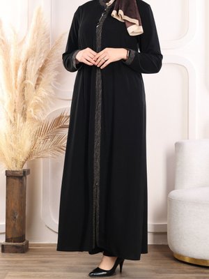 Çift Desenli Leopar Medine Ipeği Cepli Ferace