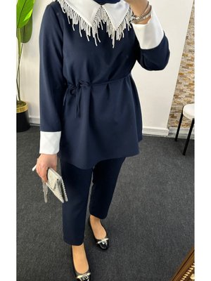 Scuba Kumaş İnci Detaylı Tunik Takım