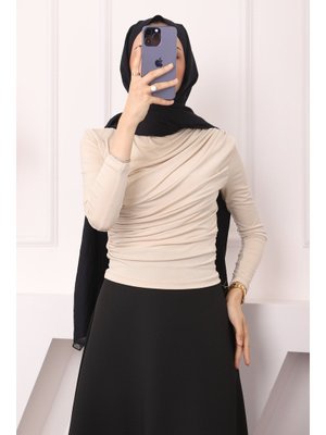 Bej Balıkçı Yaka Drapeli Sandy Bluz