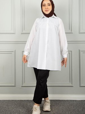 Beyaz Kolu Bağcıklı Gömlek
