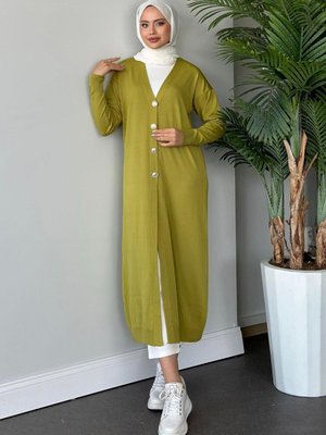 Uzun Soğuk İp Hırka Yağyeşili