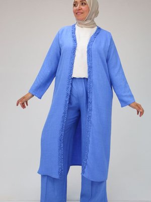 İndigo Büyük Beden Fırfır Detaylı Pantolonlu Takım İndigo Büyük Beden Fırfır Detaylı Pantolonlu Takım