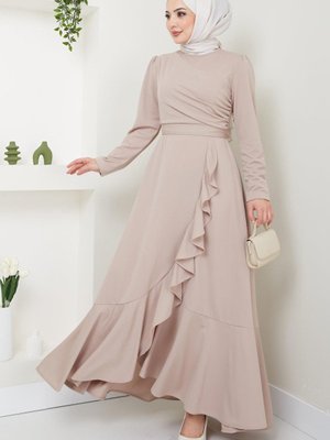 Eteği Fırfırlı Drapeli Elbise Bej Eteği Fırfırlı Drapeli Elbise Bej