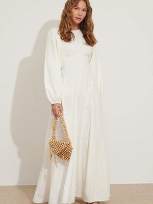 Balon Kol Kırık Beyaz Keten Elbise