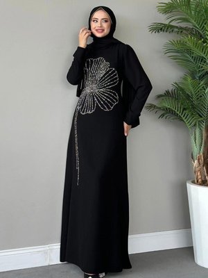 Meyra Yanı Taş Abiye Elbise Siyah