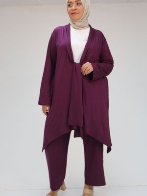 Mürdüm Büyük Beden Önü Bağlamalı Pantolonlu Takım Mürdüm Büyük Beden Önü Bağlamalı Pantolonlu Takım