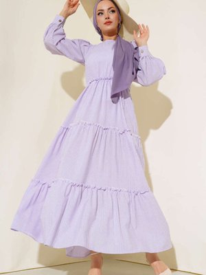 Lila Sue Çizgili Kat Piliseli Gofre Müslin Kumaş Elbise