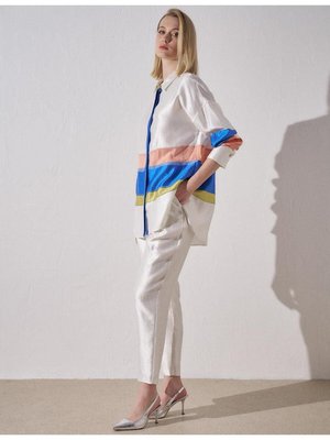 Düğme Detaylı Jakarlı Havuç Pantolon Optik Beyaz