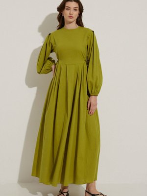 Yandan Bağlamalı Yağ Yeşili Keten Elbise