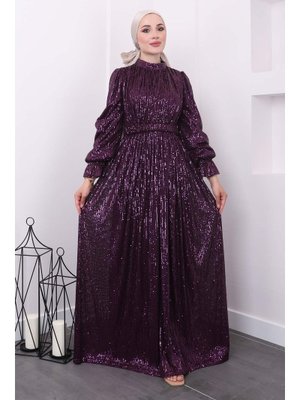 Mor Kol Detaylı Pul Payetli Abiye Elbise