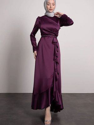 Kemeri Taşlı Önden Piliseli Tesettür Abiye Elbise