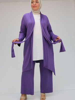 Leylak Büyük Beden Önü Bağlamalı Pantolonlu Takım Leylak Büyük Beden Önü Bağlamalı Pantolonlu Takım