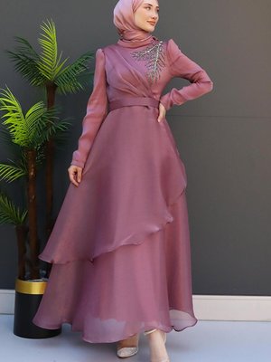 Taşlı Organze Abiye Elbise Koyu Pembe