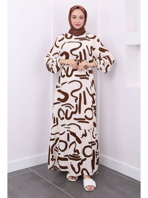 Kahverengi Desenli Kol Lastikli Viscon Elbise