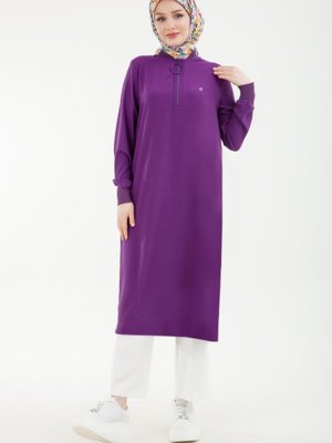 Yarım Fermuar Detay Lastikli Tunik Mor